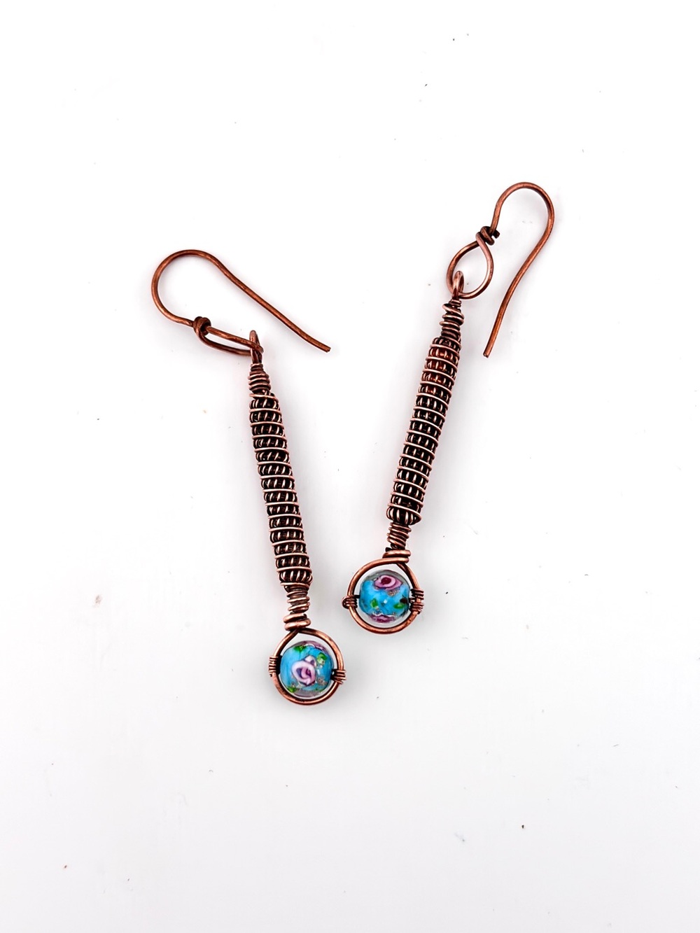 HANDMADE Floral Bead Copper Wire Wrapped Dangle Earrings, Feminine Jewelry Gift